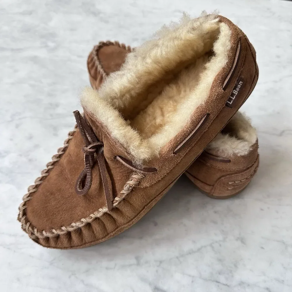 LL Bean Wicked Good Slippers Men 8 Medium Brown Suede Shearling-Lined Moccasins